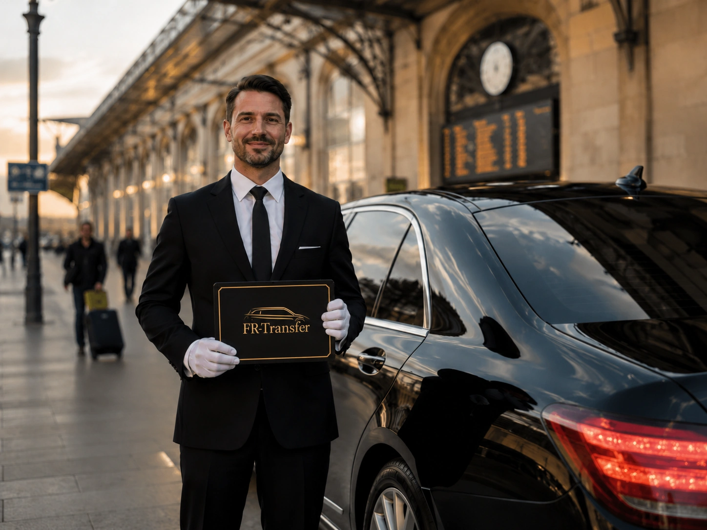 Private chauffeur holding FR Transfer welcome sign at Le Havre train station with luxury black car for airport and station transfers