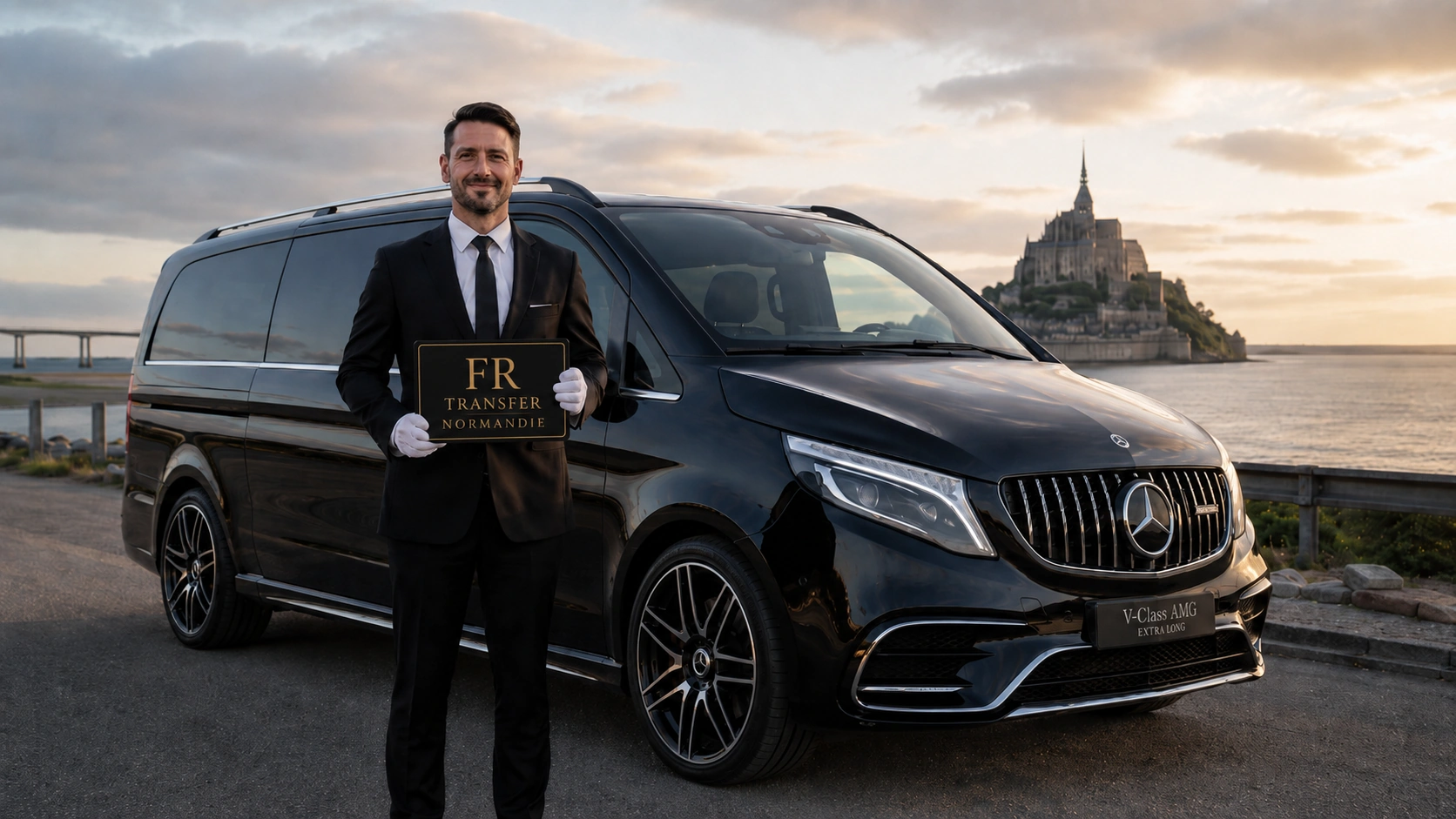 Private chauffeur tour from Le Havre to Normandy with luxury Mercedes V-Class and FR Transfer Normandie sign near Mont Saint-Michel