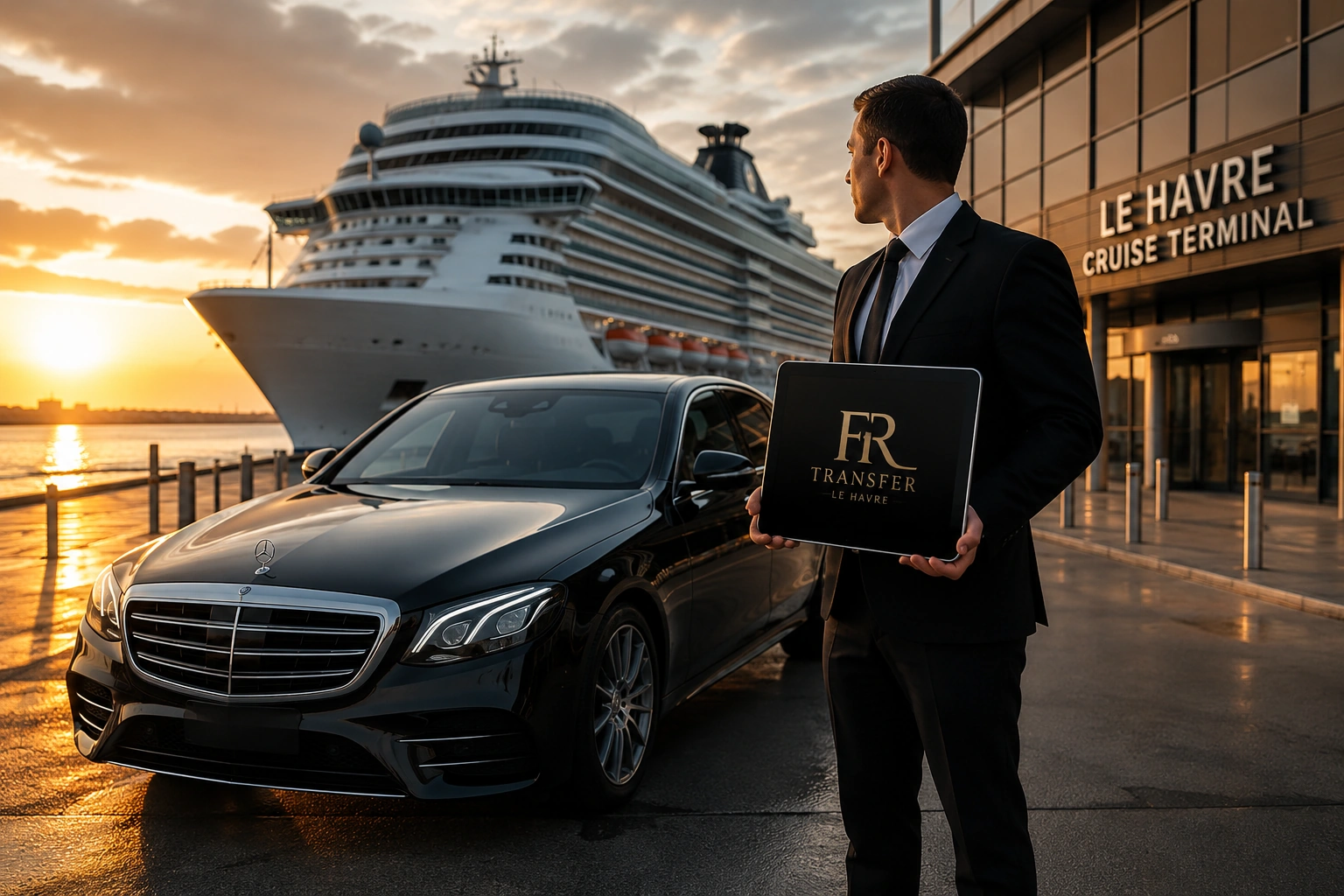 Le Havre cruise port transfer with private chauffeur, luxury black Mercedes and FR Transfer welcome sign for cruise passengers