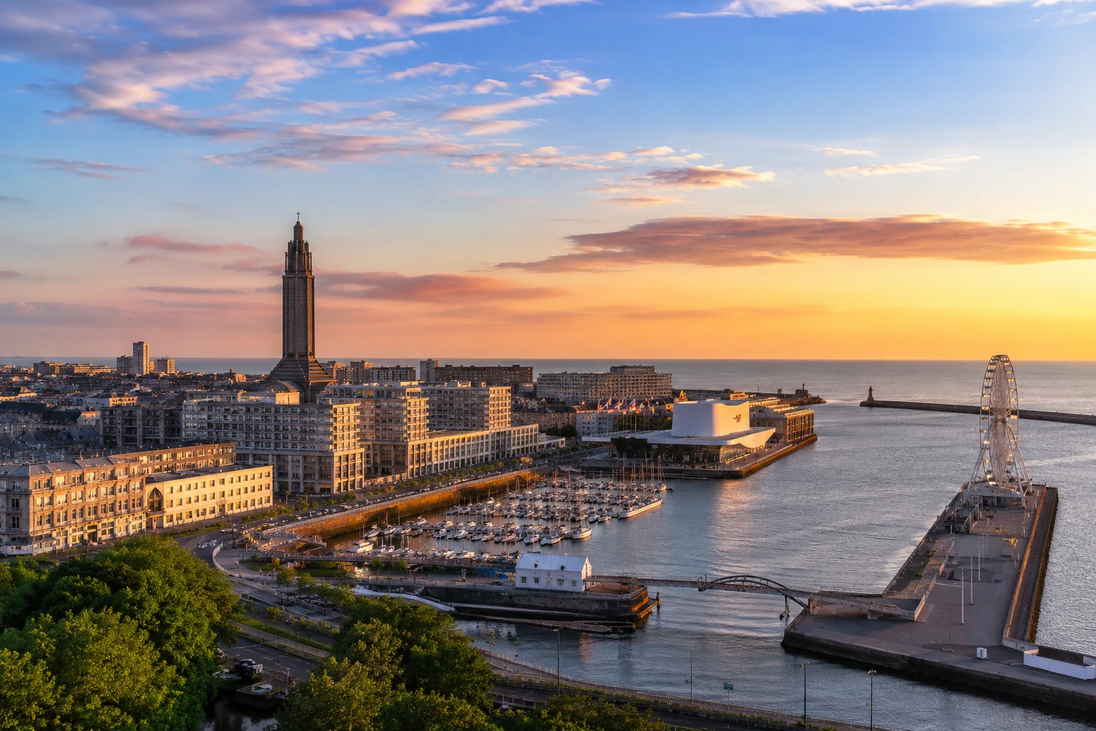 Private transport to Le Havre with a panoramic sunset view of the harbor, the sea, and Saint Joseph’s Church.