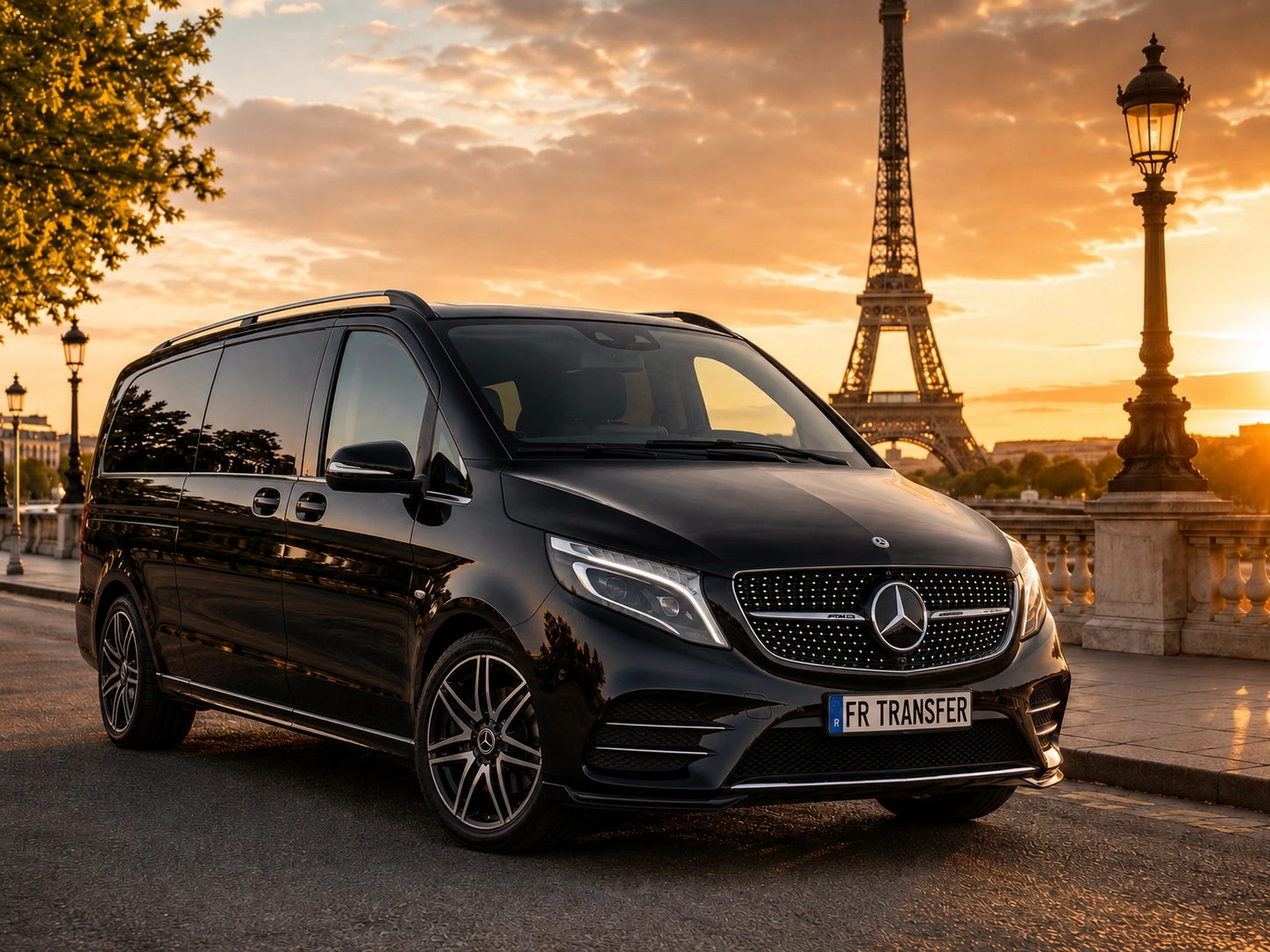 Luxury Mercedes V-Class in Paris near the Eiffel Tower for private chauffeur transfer from Le Havre to Paris
