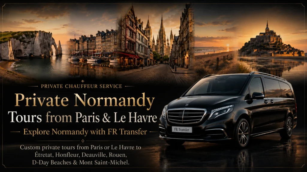 Private Normandy tours with Mercedes class V from Paris and Le Havre with Mercedes class V FR Transfer chauffeur service