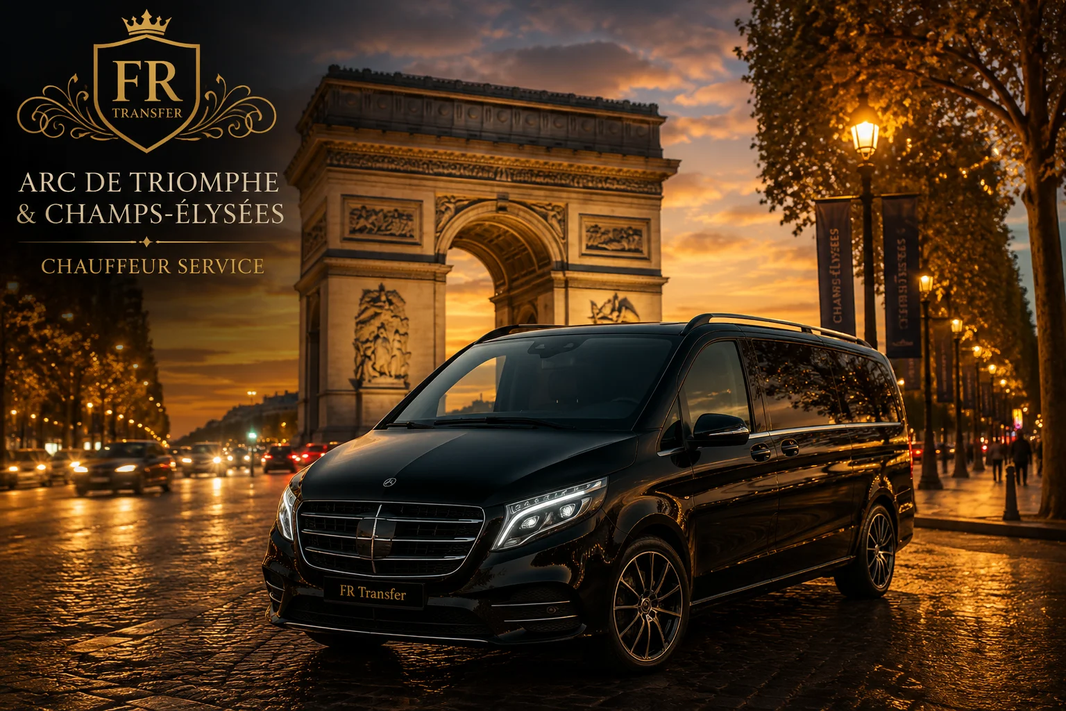 Arc de Triomphe and Champs-Élysées private chauffeur service with FR Transfer, luxury minivan, private taxi, hotel transfer, airport pickup and Paris sightseeing tour