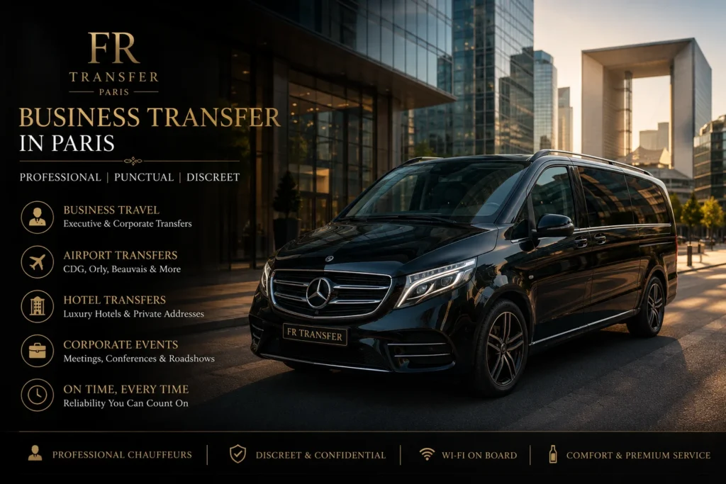 Business transfer in Paris with FR Transfer luxury minivan, private taxi, executive chauffeur service, airport pickup, hotel transfer and corporate transport