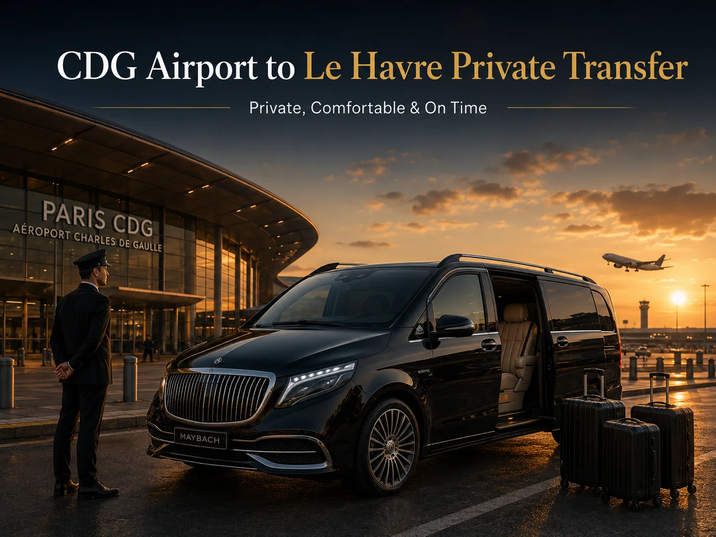 CDG Airport to Le Havre Private Transfer with luxury Mercedes Class V Maybach, private chauffeur, luggage assistance and direct ride to Le Havre cruise port.