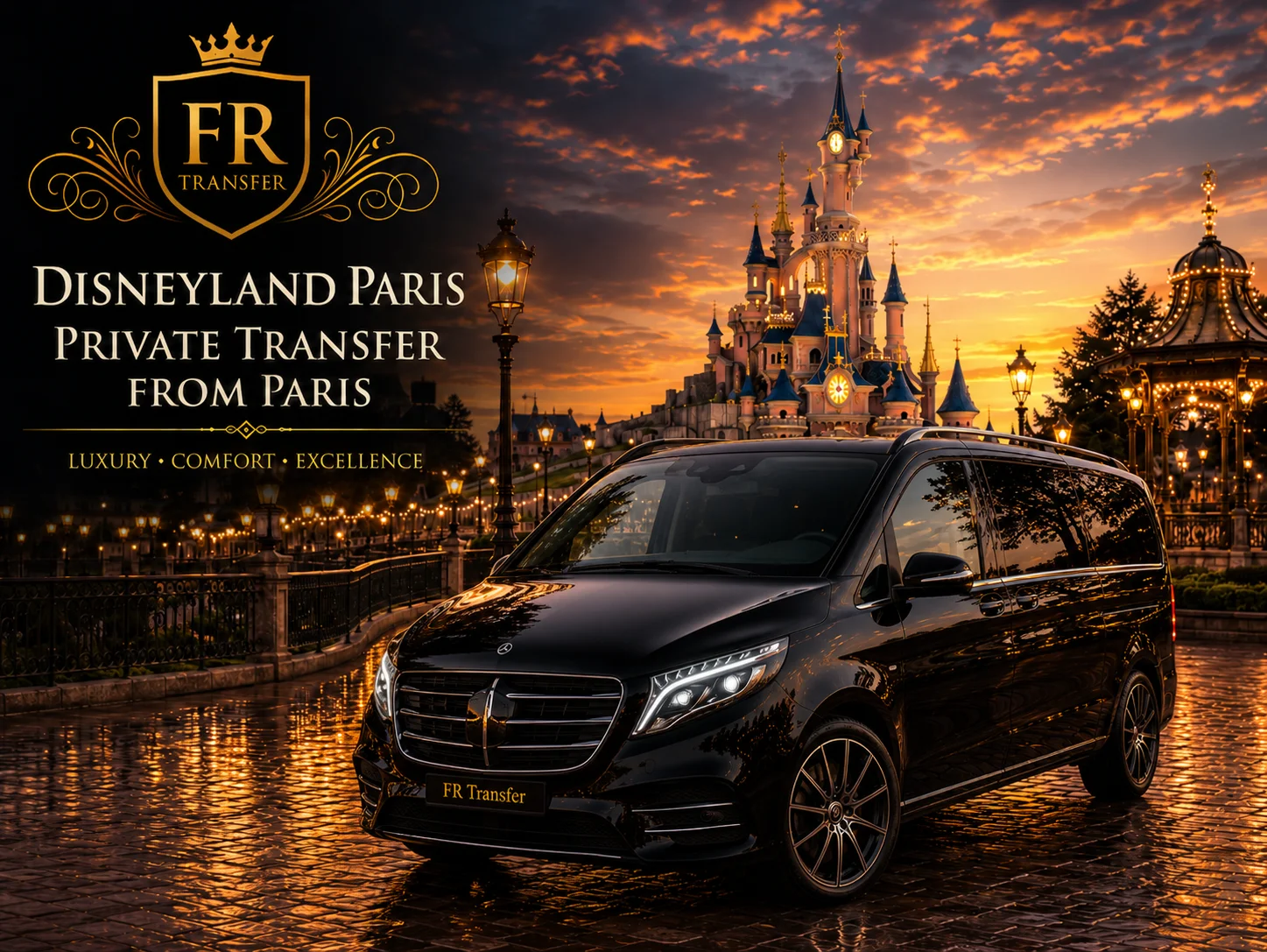 Disneyland Paris private transfer with FR Transfer luxury minivan, private taxi from Paris, hotel transfer, airport pickup and private chauffeur service