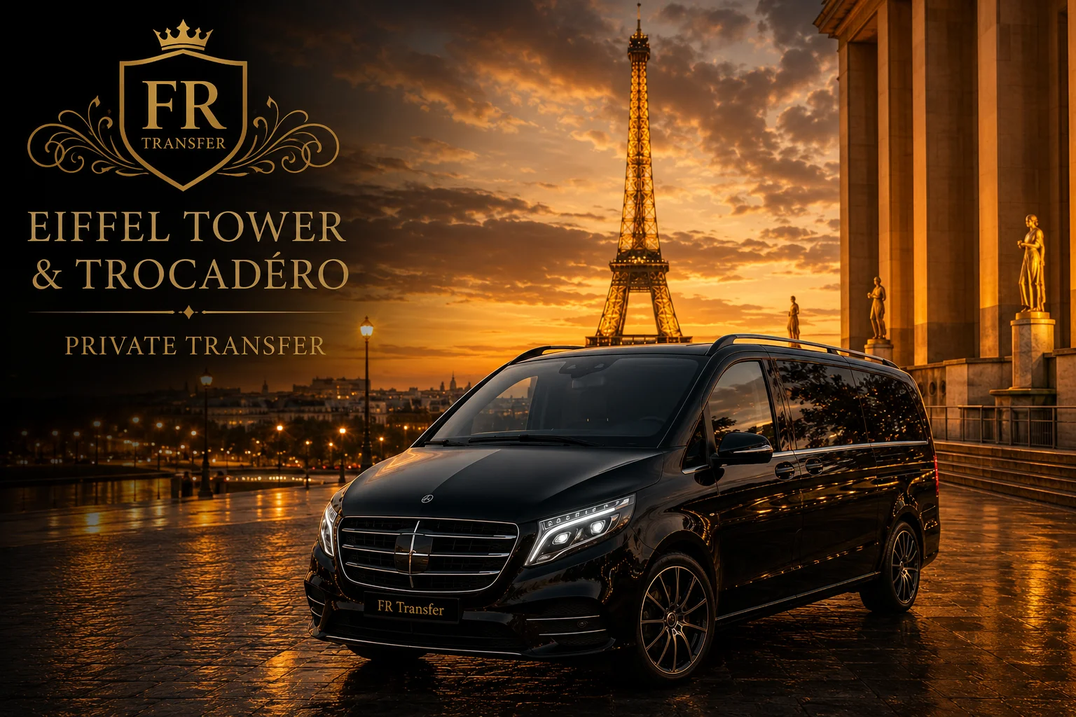 Luxury Mercedes V-Class private chauffeur in Paris with Eiffel Tower view, FR Transfer private taxi, Paris airport transfer, hotel transfer, minivan with private driver, VTC Paris, premium transport service at sunset.