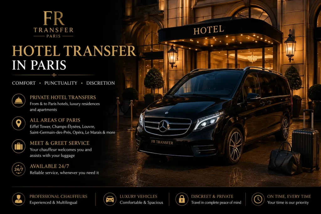 Hotel transfer in Paris with FR Transfer, luxury Mercedes V-Class minivan, private taxi, private chauffeur service, airport transfer, hotel pickup, luxury hotel transfer and private address transport