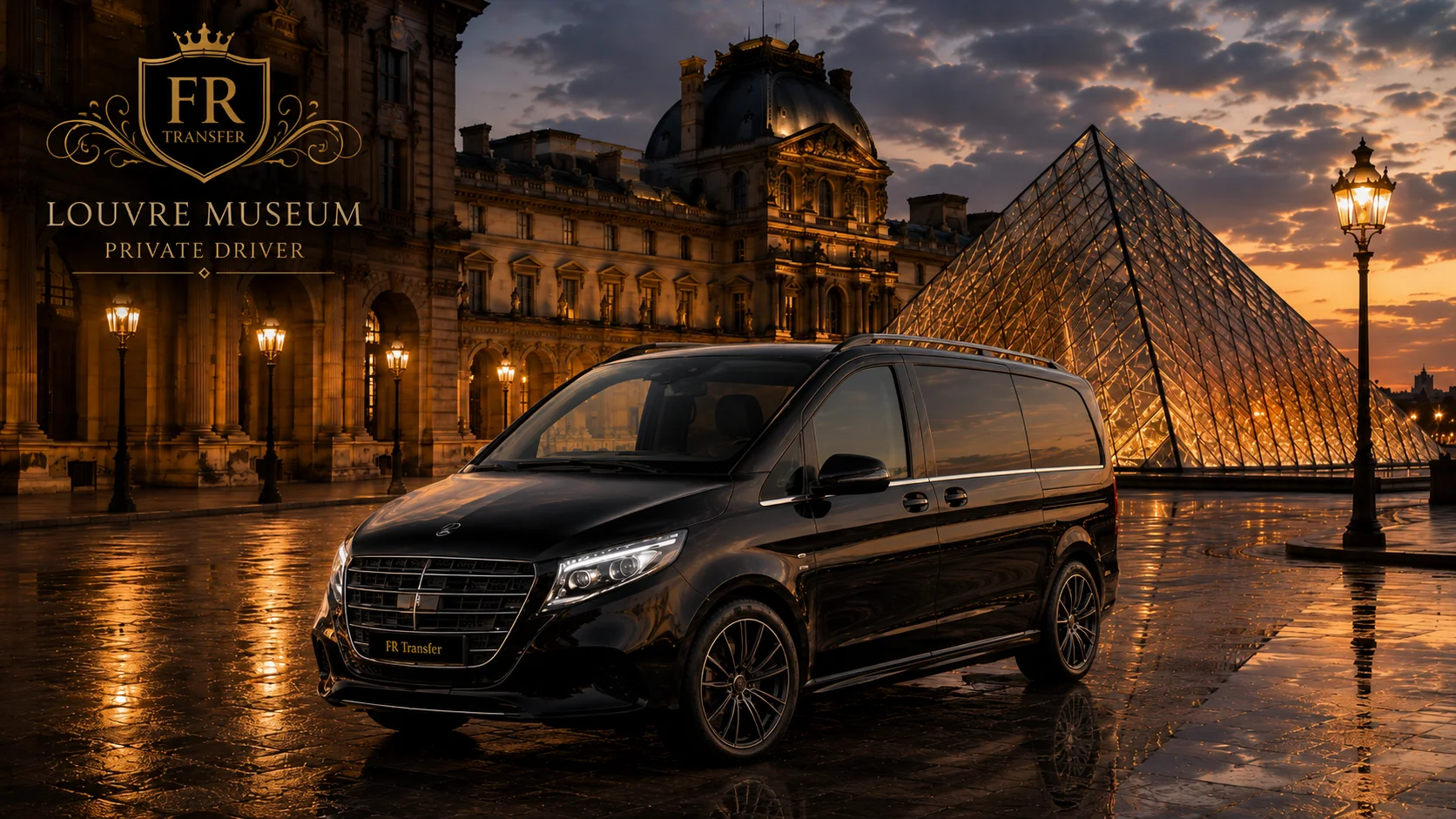 Private driver to Louvre Museum in Paris with FR Transfer, luxury black Mercedes V-Class minivan, private taxi transfer, hotel pickup, airport transfer, business travel and Paris sightseeing tour