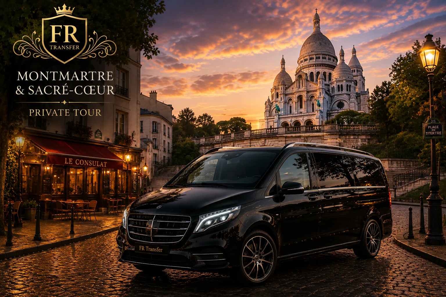Montmartre and Sacré-Cœur private tour in Paris with FR Transfer, luxury Mercedes V-Class minivan, private taxi, private chauffeur service, hotel transfer, airport pickup and Paris sightseeing tour