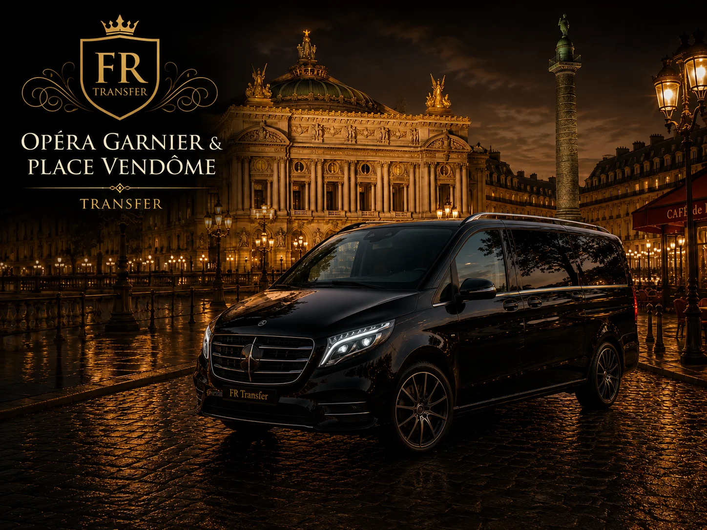 Opéra Garnier and Place Vendôme transfer with FR Transfer luxury minivan, private taxi, Paris chauffeur service, hotel transfer and airport pickup