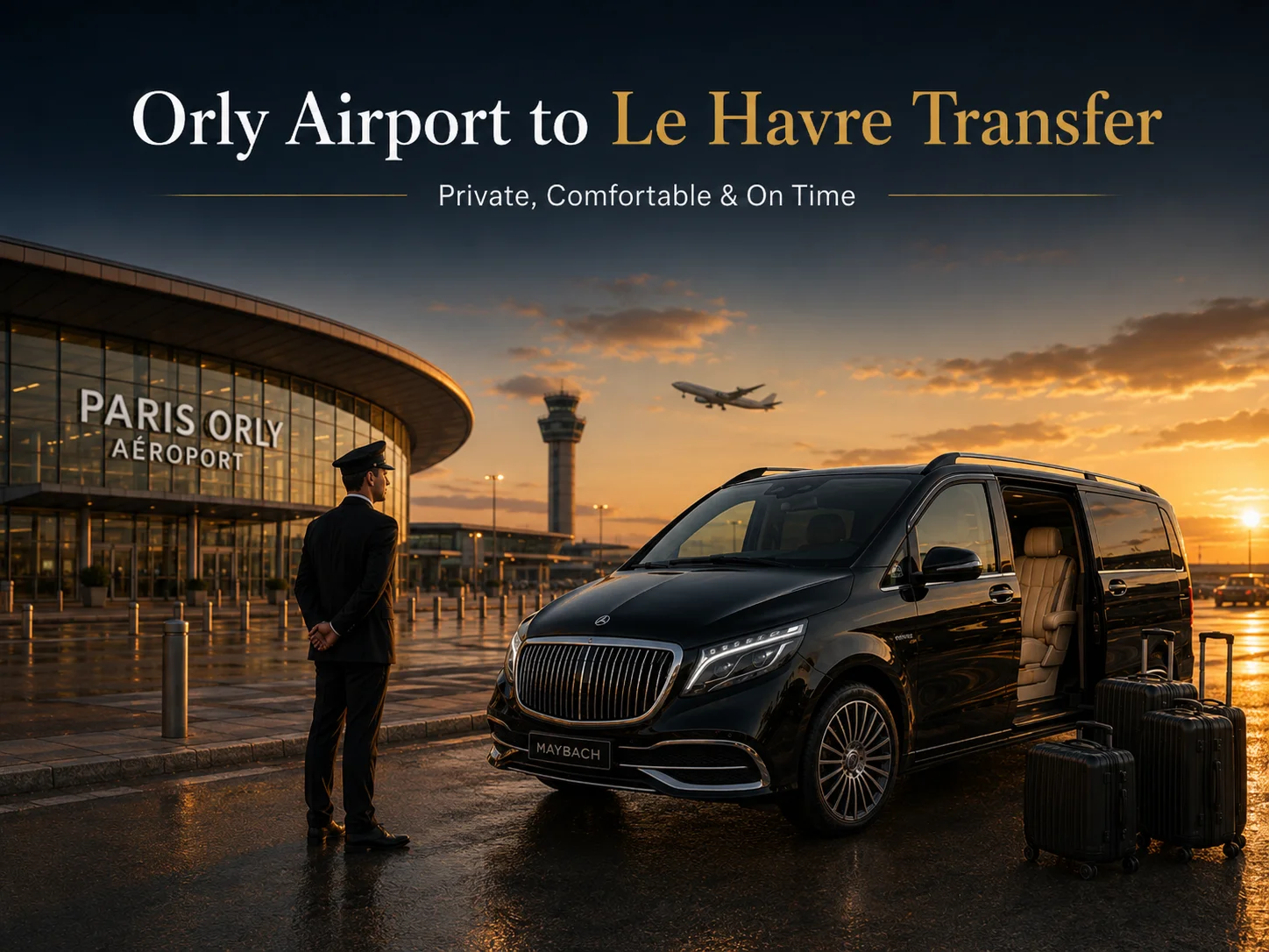 Orly Airport to Le Havre Transfer with luxury Mercedes Class V Maybach, private chauffeur, luggage assistance and comfortable direct ride to Le Havre cruise port.