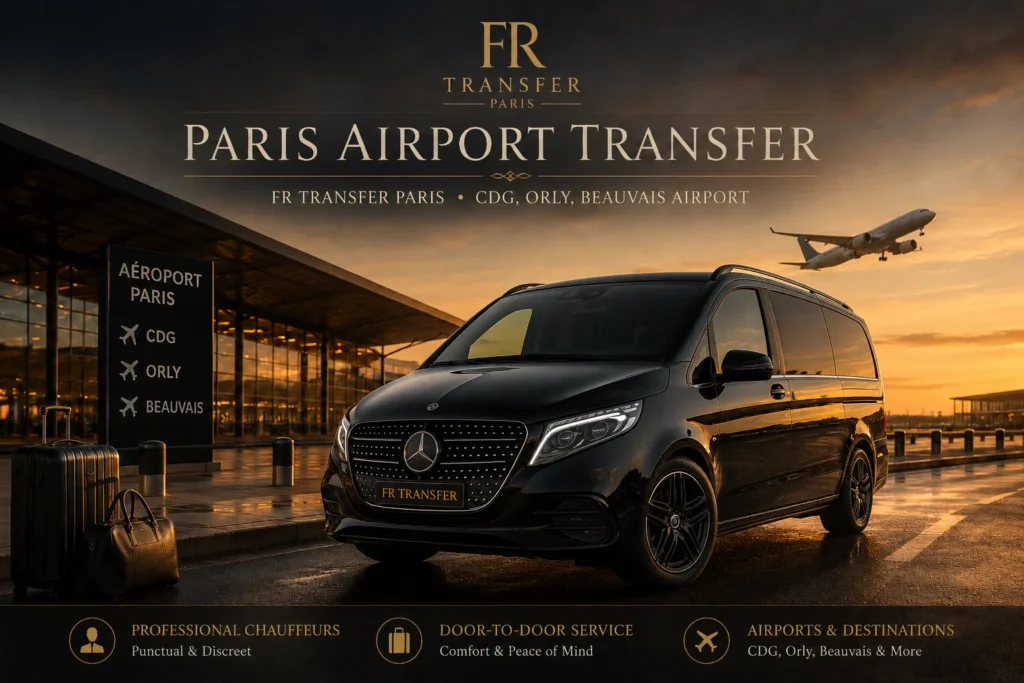 Paris airport transfer with FR Transfer luxury Mercedes V-Class minivan, private taxi, CDG Orly Beauvais airport pickup, hotel transfer and chauffeur service