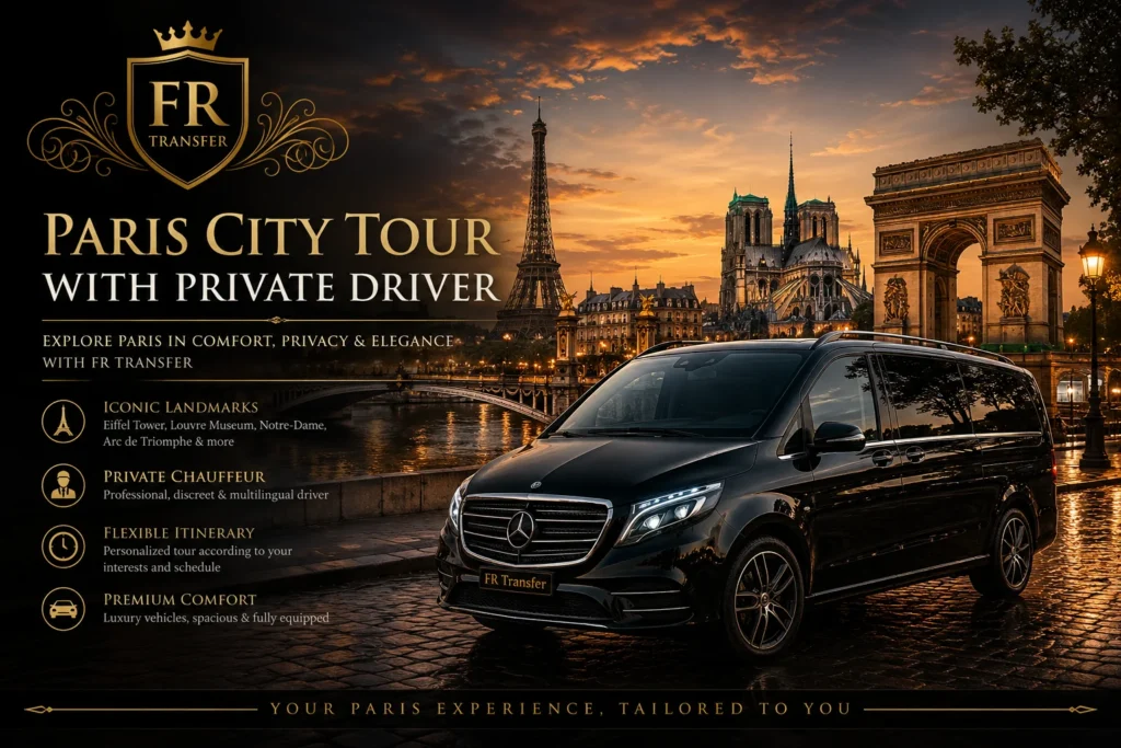 Paris city tour with private driver, FR Transfer luxury Mercedes V-Class minivan, private taxi, hotel transfer, airport pickup and Paris sightseeing chauffeur service