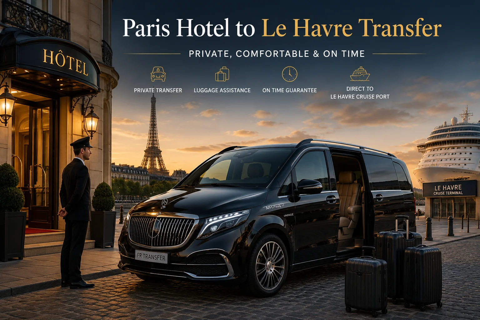 Paris Hotel to Le Havre Transfer with luxury Mercedes Class V Maybach, private chauffeur, luggage assistance and direct door-to-door transfer to Le Havre cruise port.