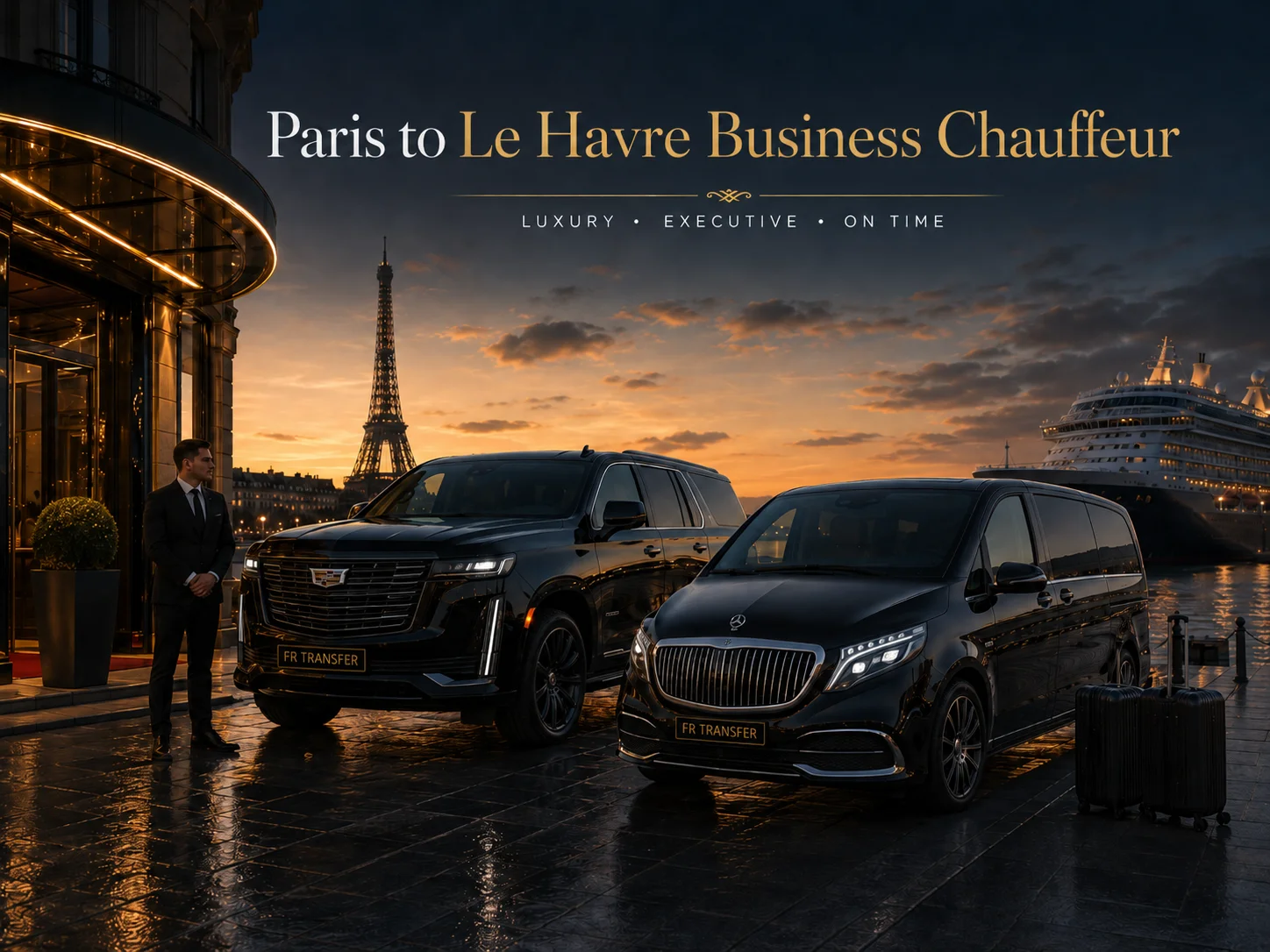 Paris to Le Havre Business Chauffeur with Cadillac Escalade and Mercedes Class V Maybach, luxury private transfer, professional driver and direct executive service to Le Havre cruise port.