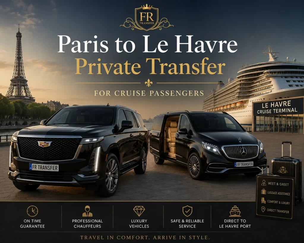 Paris to Le Havre Private Transfer for Cruise Passengers with Cadillac Escalade and Mercedes Class V Maybach, luxury chauffeur service, luggage assistance and direct transfer to Le Havre cruise port.