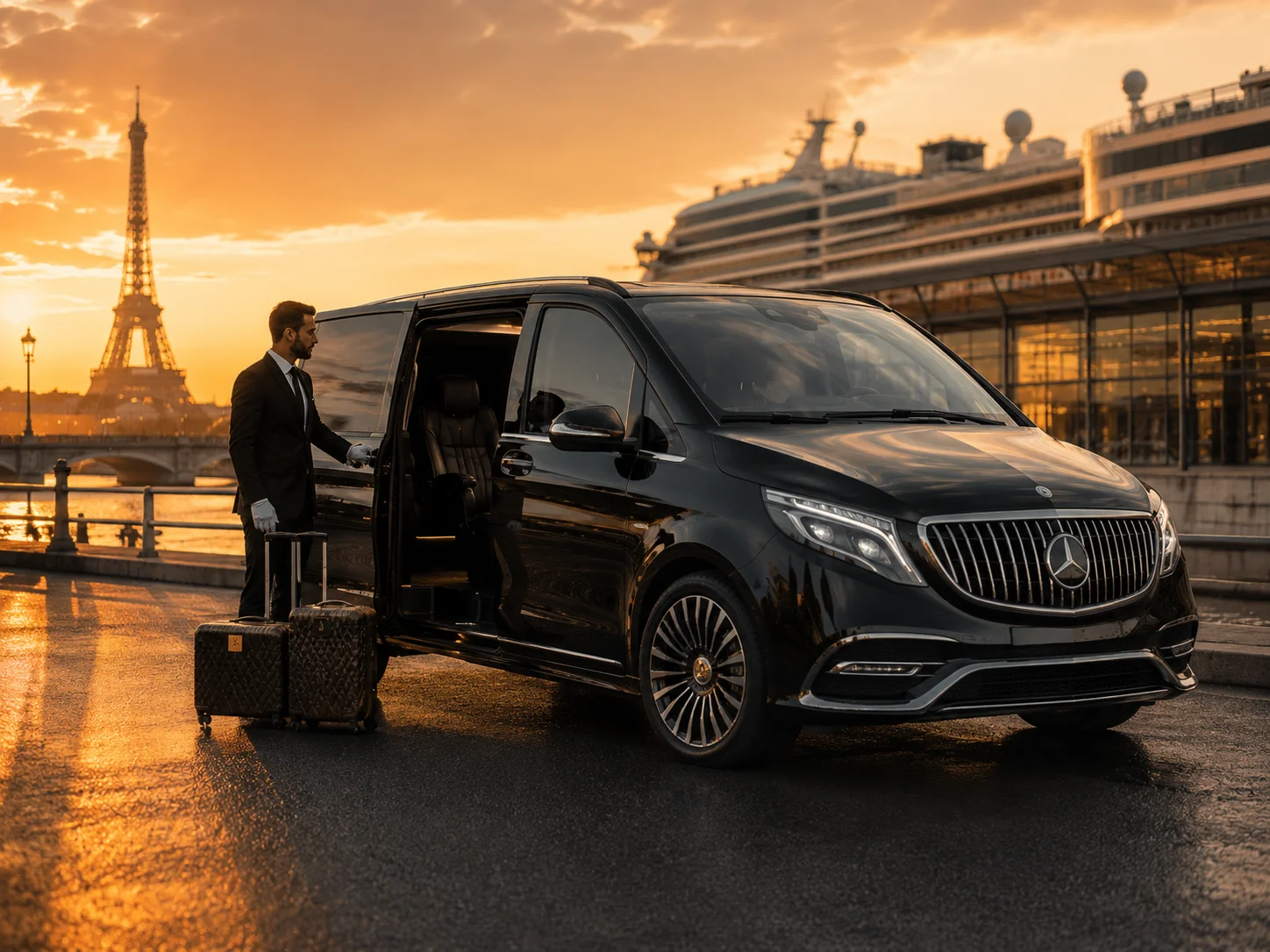 Paris to Le Havre Private Transfer for Cruise Passengers with luxury Mercedes Class V Maybach, private chauffeur, luggage assistance and direct cruise port transfer.