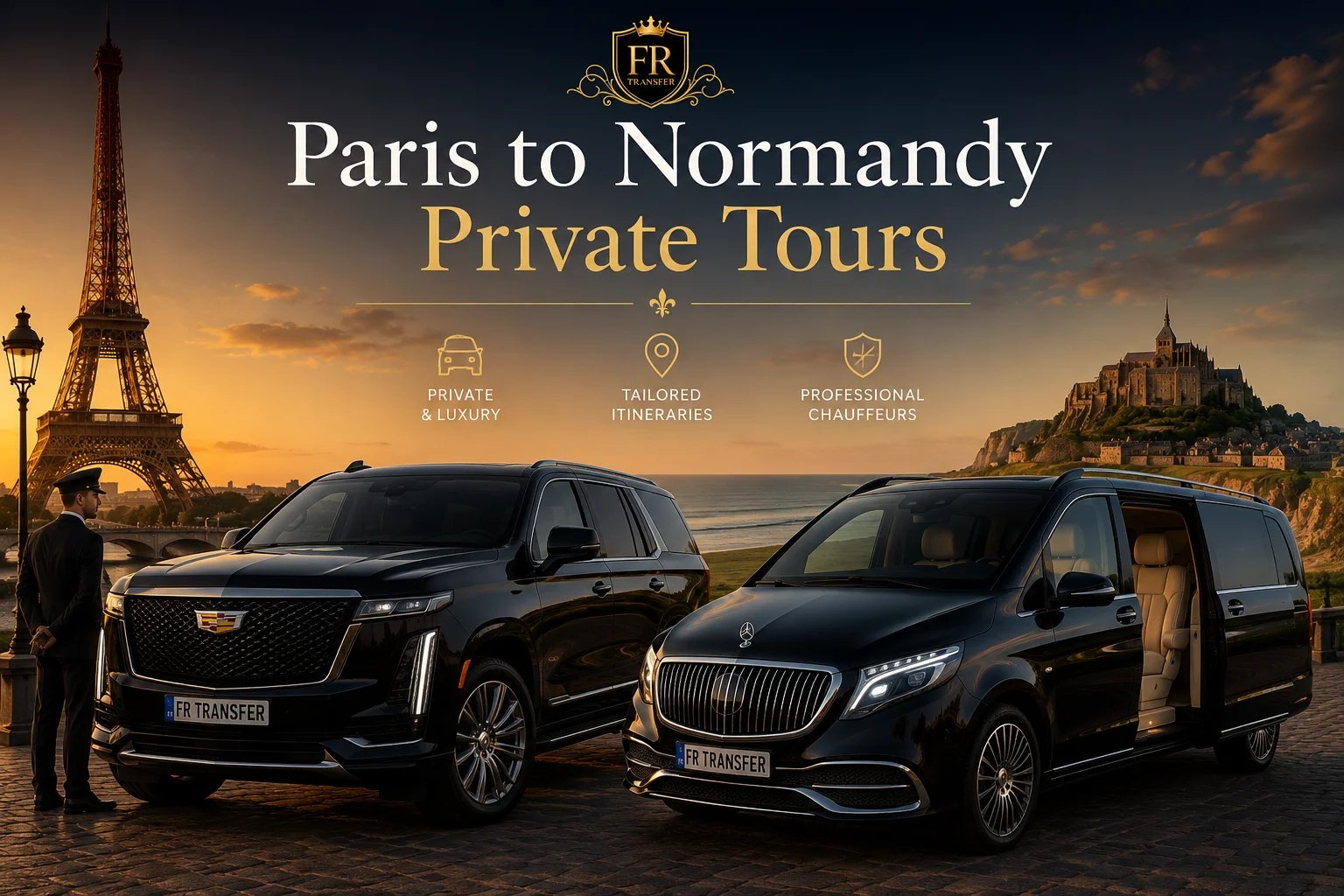 Paris to Normandy Private Tours with luxury Cadillac Escalade and Mercedes Class V Maybach, private chauffeur, tailored itinerary and premium day trips to Mont Saint-Michel and Normandy.