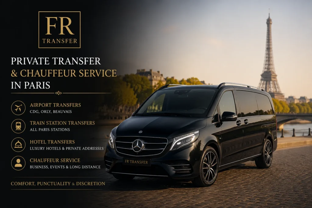 Private transfer and chauffeur service in Paris with FR Transfer luxury minivan, private taxi, airport pickup, hotel transfer and business VTC service