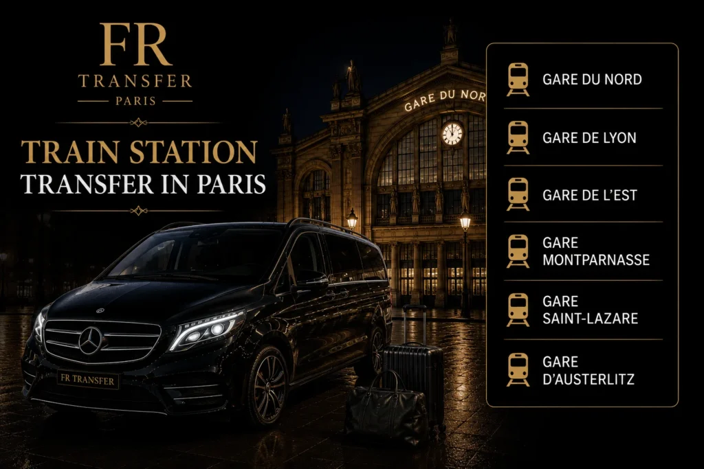 Train station transfer in Paris with FR Transfer, luxury Mercedes V-Class minivan, private taxi, private chauffeur service, Gare du Nord, Gare de Lyon, Gare de l’Est, Gare Montparnasse, Gare Saint-Lazare and Gare d’Austerlitz