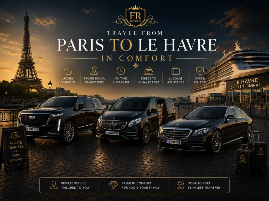 Travel from Paris to Le Havre in Comfort with Cadillac Escalade, Mercedes Class V Maybach and Mercedes S-Class, luxury private chauffeur, luggage assistance and direct transfer to Le Havre cruise port.
