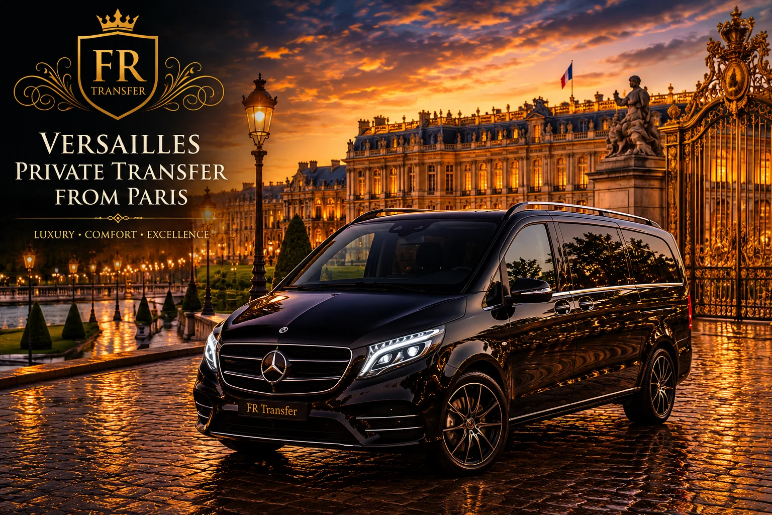Versailles private transfer from Paris with FR Transfer luxury minivan, private taxi, hotel transfer, airport pickup and private chauffeur service to the Palace of Versailles