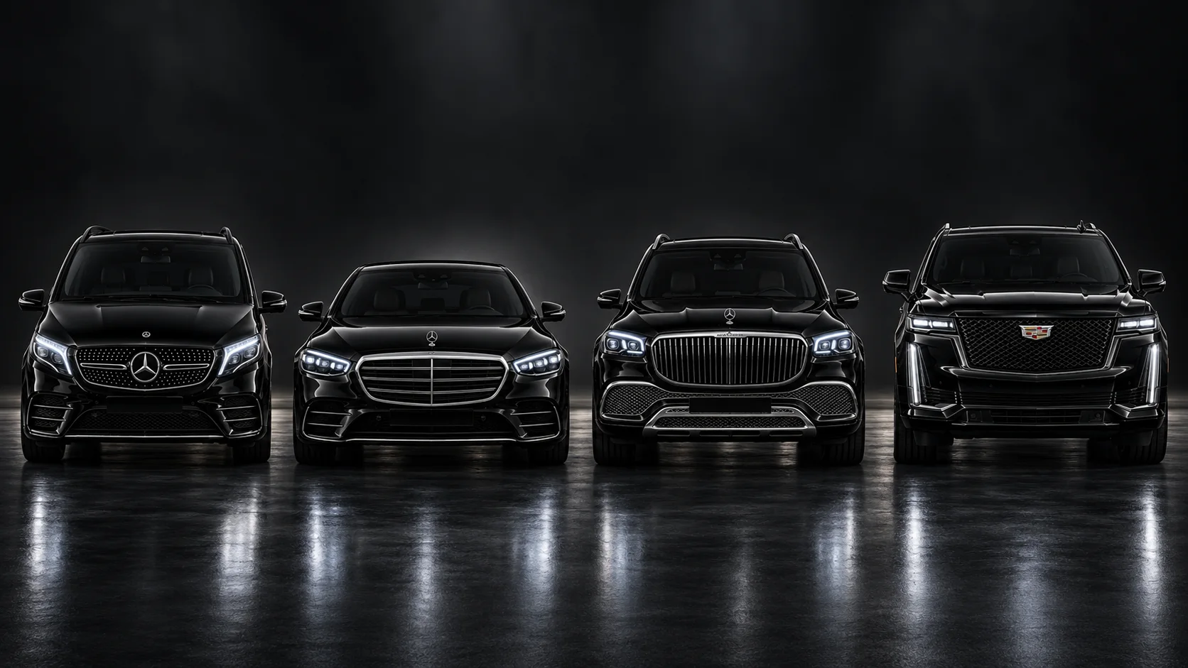 FR Transfer luxury chauffeur fleet in Paris: Mercedes V-Class, Mercedes S-Class, Mercedes-Maybach GLS and Cadillac Escalade