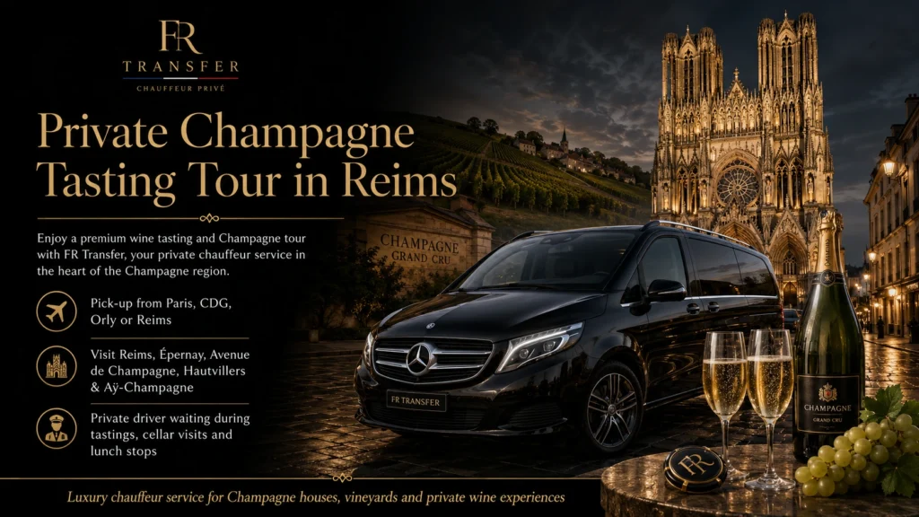 Private taxi Champagne tasting tour in Reims with luxury Mercedes V-Class V Minian, FR Transfer chauffeur service, vineyards, Reims Cathedral and Champagne houses