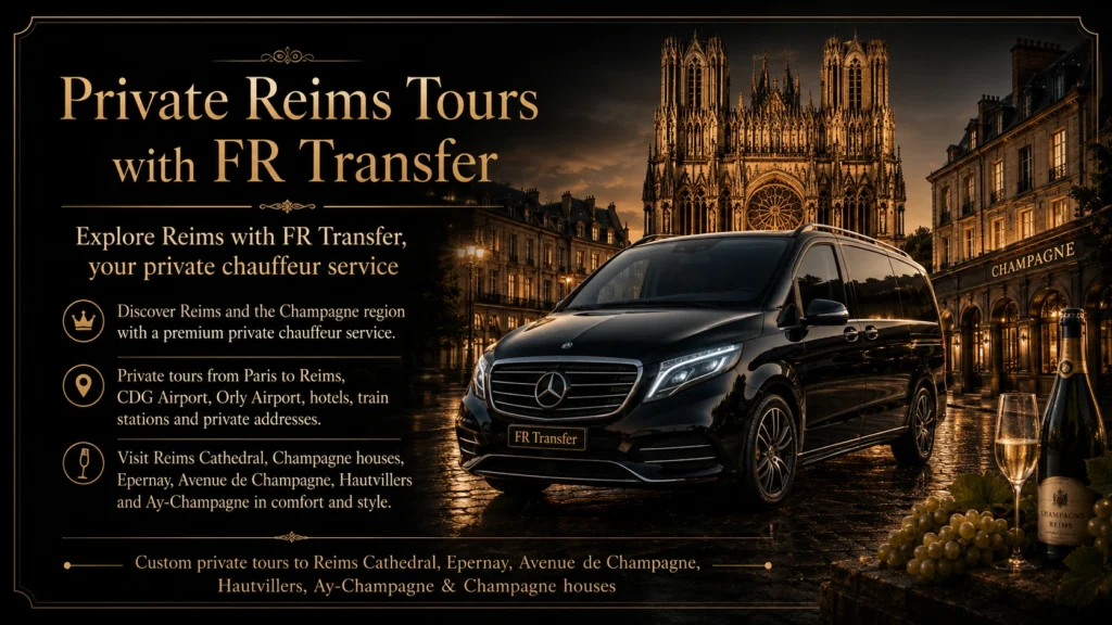 Private chauffeur tour in Reims with luxury Mercedes V-Class Van , FR Transfer service, Reims Cathedral, Champagne houses and Paris to Reims transfers