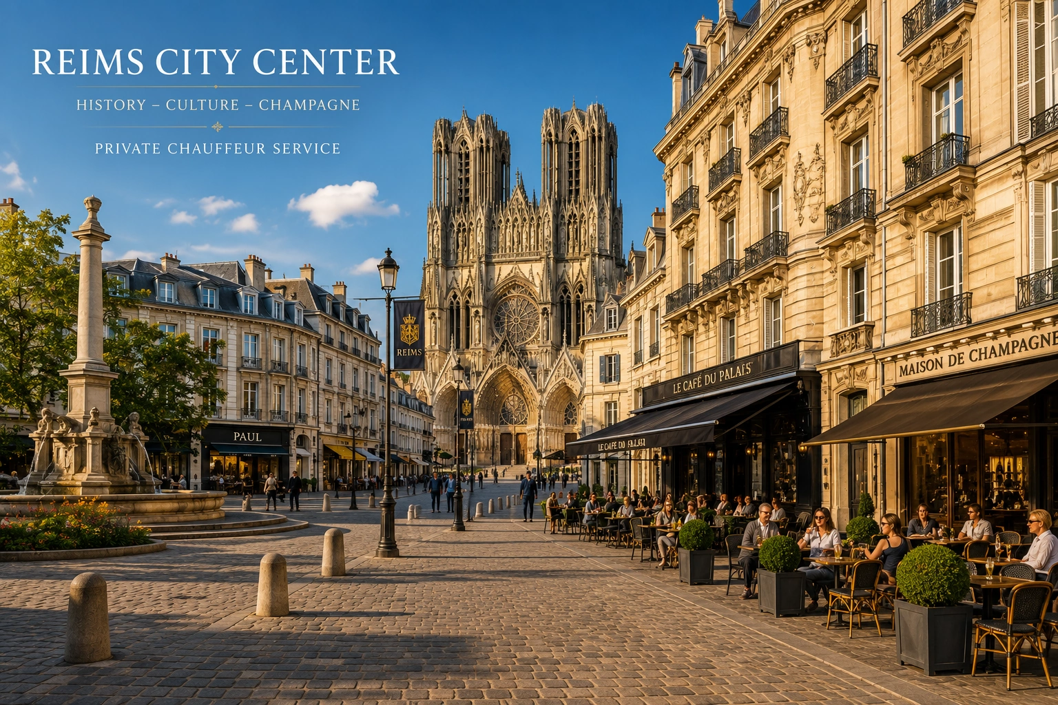 Reims city center private taxi chauffeur tour with FR Transfer, Notre-Dame Cathedral, Champagne houses, luxury VTC transfer and private taxi service