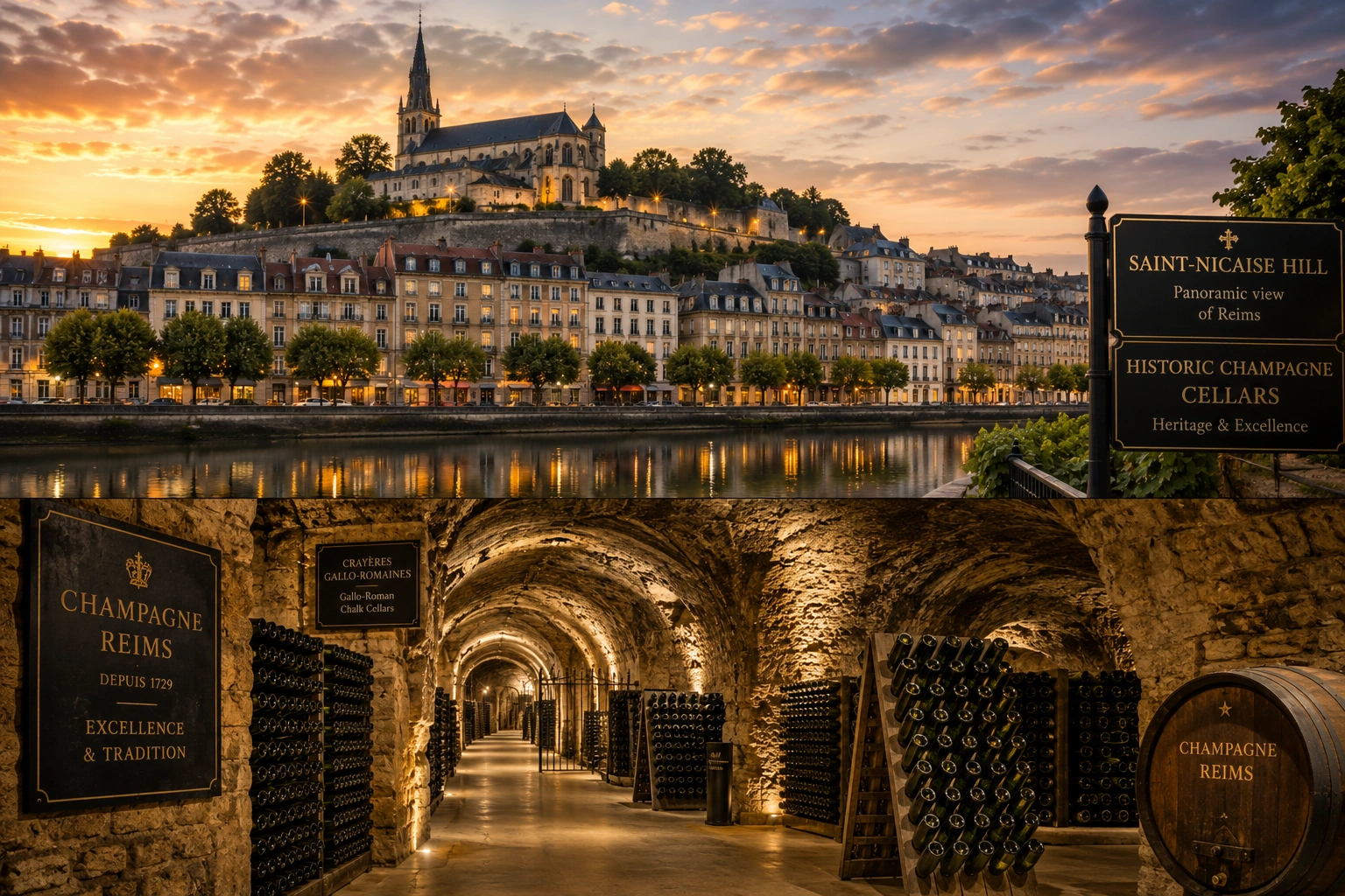 Saint-Nicaise Hill and Champagne cellars in Reims with historic chalk caves, vineyard heritage and private taxi chauffeur minivan tour with FR Transfer