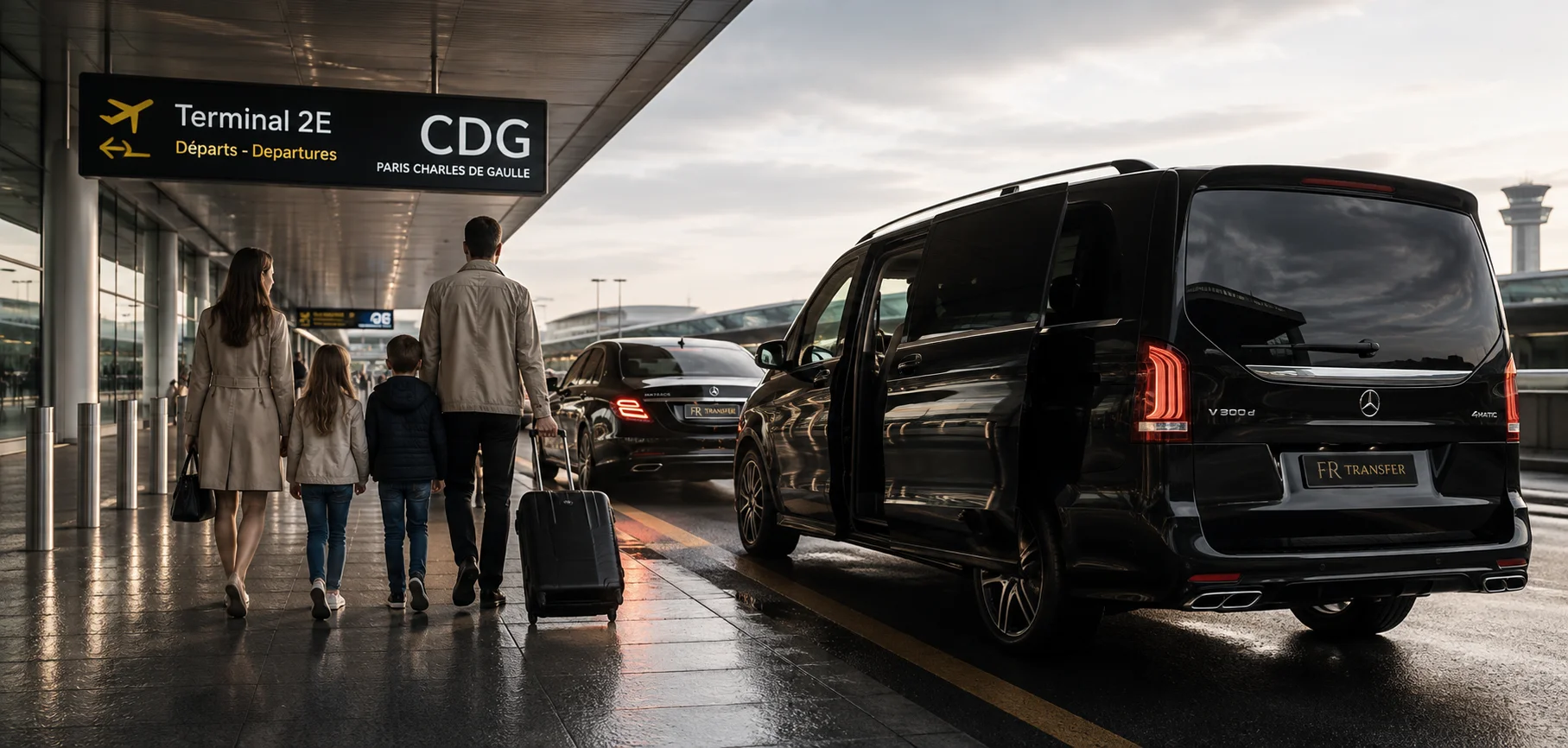 FR Transfer family private transfer from CDG Airport with Mercedes Class V AMG Line, Maybach vehicle, premium chauffeur service, airport pickup and luxury transport to Disneyland Paris, Paris hotels and Disney resorts.