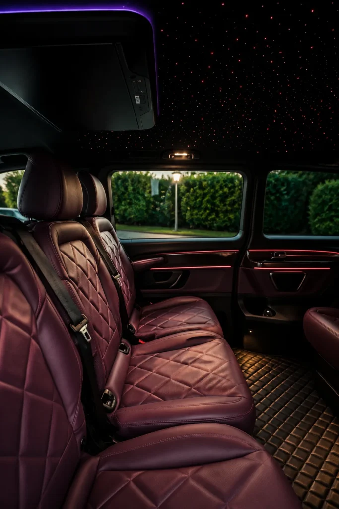FR Transfer luxury Mercedes Class V interior with premium leather seats, ambient lighting, star ceiling and comfortable private chauffeur service for airport transfers, business travel and VIP journeys.