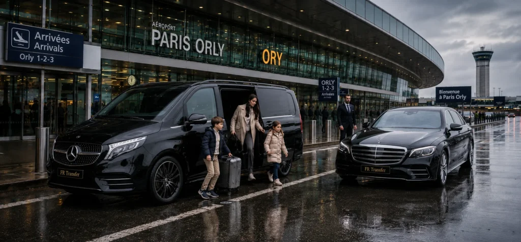 FR Transfer family private transfer from Orly Airport with Mercedes Class V AMG Line, luxury chauffeur pickup, Paris Orly airport transfer and premium transport to Disneyland Paris, Disney hotels, CDG Airport, Beauvais Airport and Paris hotels.