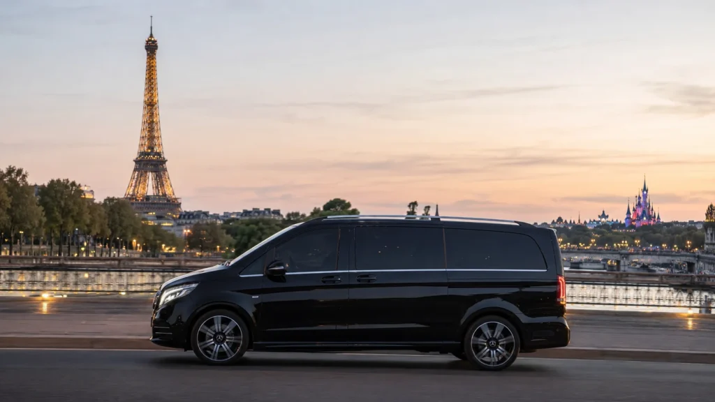 FR Transfer private chauffeur from Paris city centre to Disneyland Paris with Mercedes Class V 2025 AMG Line, Eiffel Tower in view and Disneyland Paris in the background.