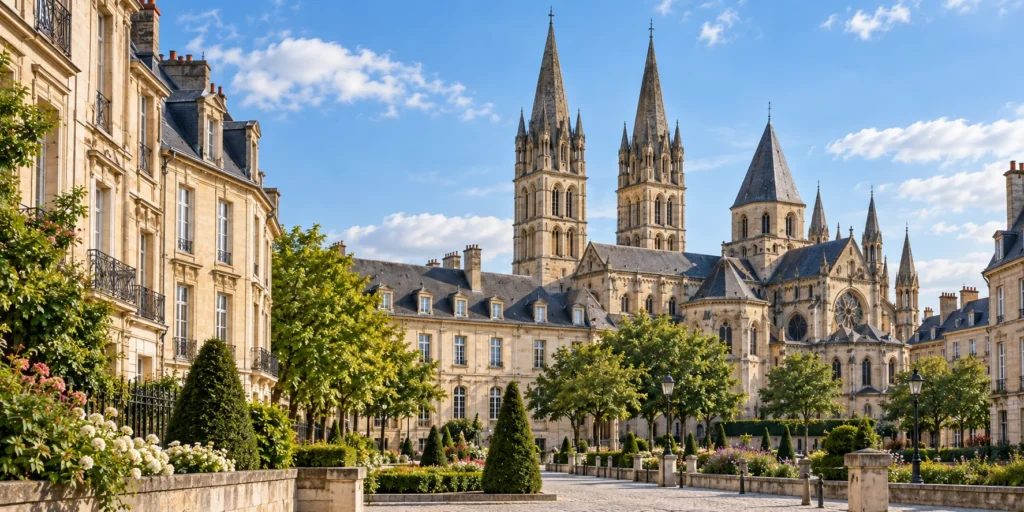 Panoramic view of Abbaye aux Hommes and its historic architecture in Caen, Normandy, a destination served by FR Transfer private chauffeur service from Paris.