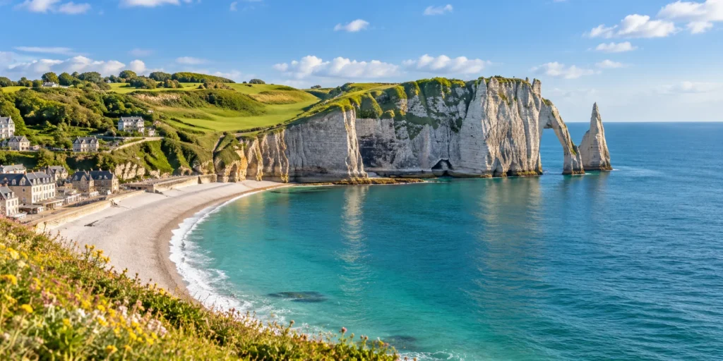 Panoramic view of Étretat’s famous white chalk cliffs, natural sea arch and beach in Normandy, a destination served by FR Transfer private chauffeur service from Paris.