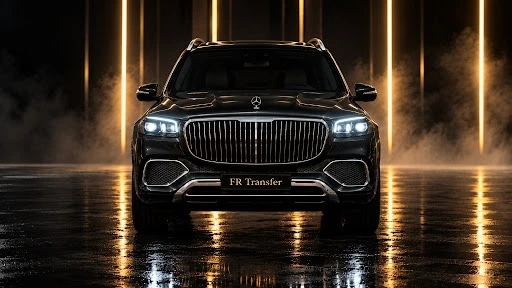 Black Mercedes-Maybach GLS 600 front view with chrome Maybach grille and LED headlights, FR Transfer chauffeur car in Paris