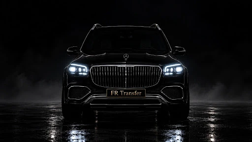 Mercedes-Maybach GLS 600 at night with LED headlights on, luxury chauffeur service in Paris by FR Transfer
