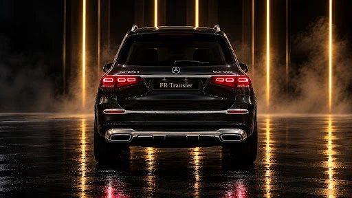 Rear view of the black Mercedes-Maybach GLS 600 with red tail lights, FR Transfer luxury SUV with private chauffeur