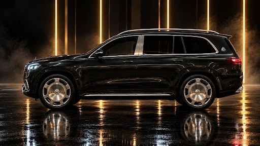 Side profile of the black Mercedes-Maybach GLS 600 with Maybach wheels, chauffeur-driven luxury SUV in Paris